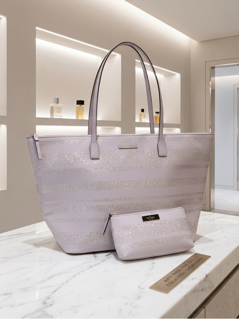 kate spade Haven lane Hani Silver/grey Stripe Tote w/ matching makeup pouch NWT - Picture 8 of 8